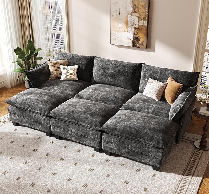KKL 91.3" Large Modular Sectional Sofa Bed, 6 Seater Convertible J/L-Shaped Sleeper Cloud Couch with Ottoman, Chenille Sectional Couches for Living Room, Apartment, Grey