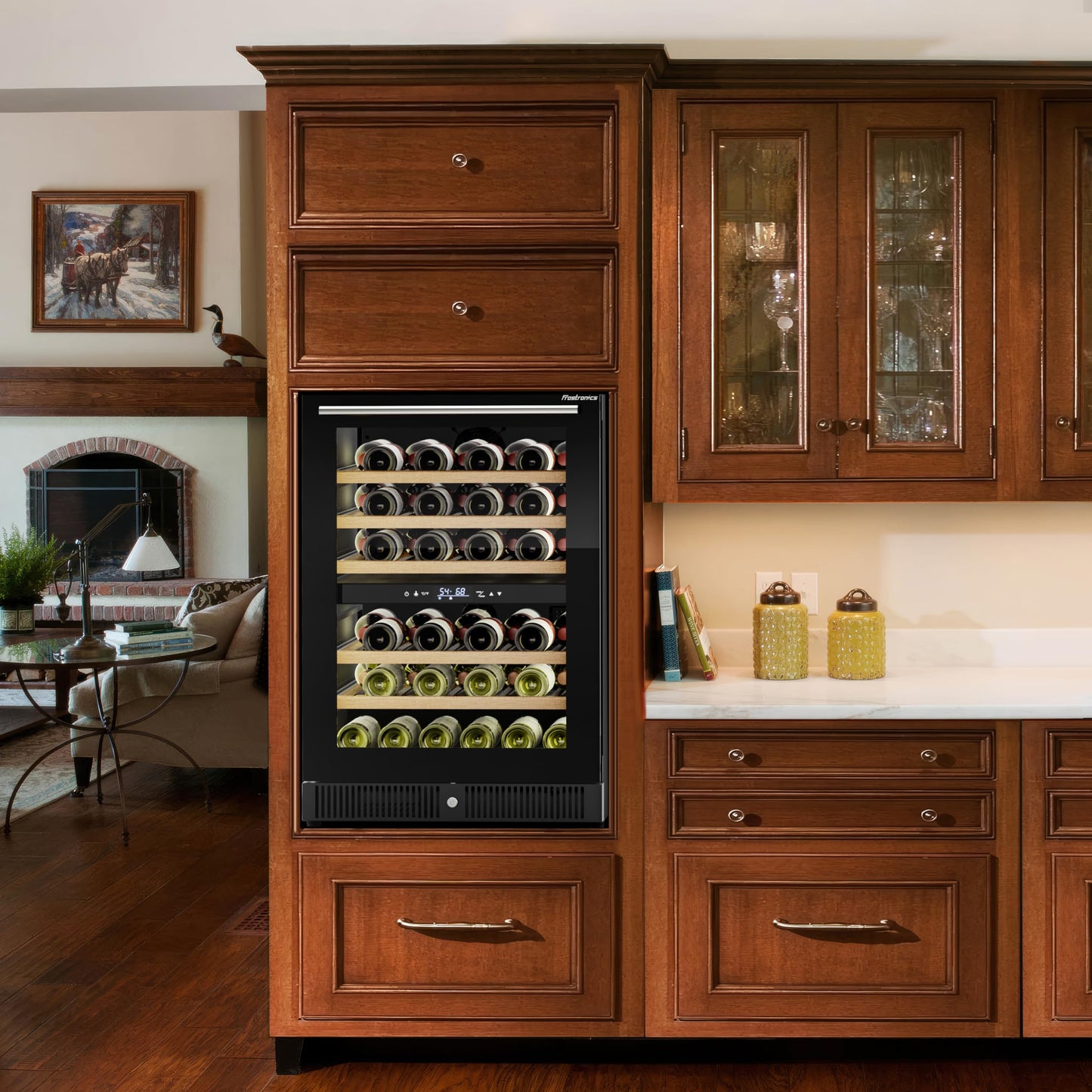 Frostronics 24 Inch Dual Zone Wine Refrigerator, 51 Bottles Under Counter Built-In or Freestanding Wine Cellar, Wine Cooler with Quiet Compressor Cooling and Reversible Glass Door, Fits Large Bottle