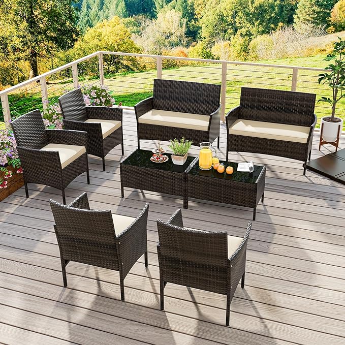 KOTEK 8 Piece Patio Furniture Set, Outdoor Rattan Conversation Set with Loveseat, Wicker Chairs, Tempered Glass Coffee Table, Wicker Patio Set for Backyard, Porch (Beige)