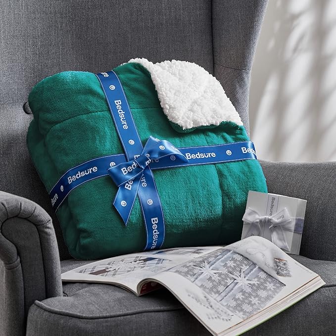 Bedsure GentleSoft Sherpa Fleece Blankets Queen Size for Bed - Thick and Warm Throw for Women and Men, Soft Fuzzy Plush Queen Christmas Blanket for Winter, Non-Heated, Forest Green, 90x90 Inches