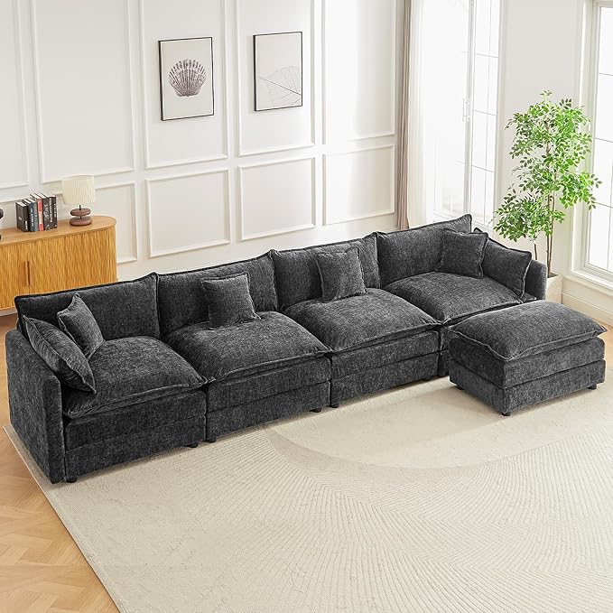 saows Modular Sectional Sofa, 147.2 Inch L Shaped Couch Set with Armrests, 4-Seater Comfy Cloud Couches with Movable Ottoman for Living Room Apartment, Grey