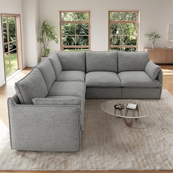 Forest aesthetics Cloud Modular Sectional,V Shape 5 Seater Waterproof High Backrest Sectional Sofas,Down Filled Modular Couch with Removable Washable Cover for Living Room,Dark Gray