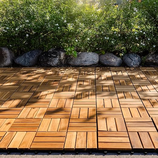 VICTORY RELAX Acacia Wood Decking Tiles 9PCS - Easy Snap Interlocking Deck Tiles for Patio Poolside Balcony Decor - All Weather Waterproof Flooring for Indoor & Outdoor (Round Joints)