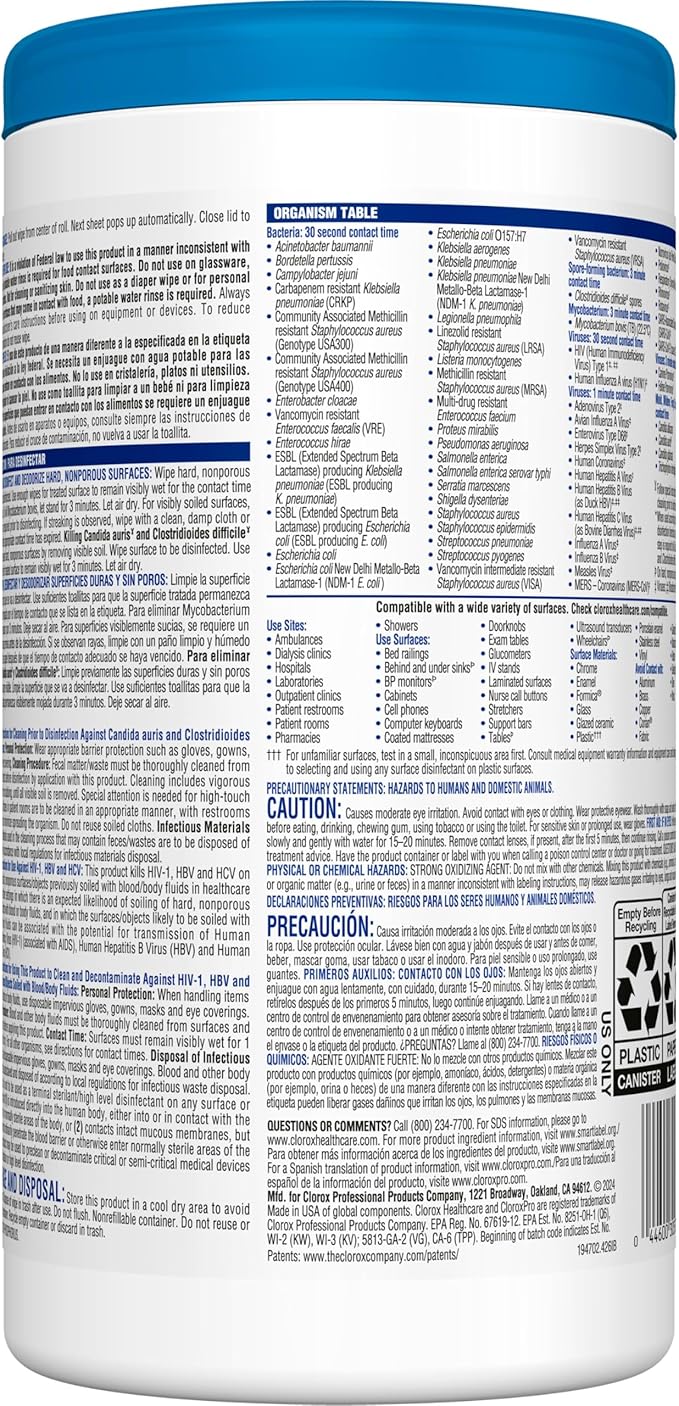 Clorox Healthcare Bleach Germicidal Wipes, 6" x 5", 150 Count Canister (Package May Vary)