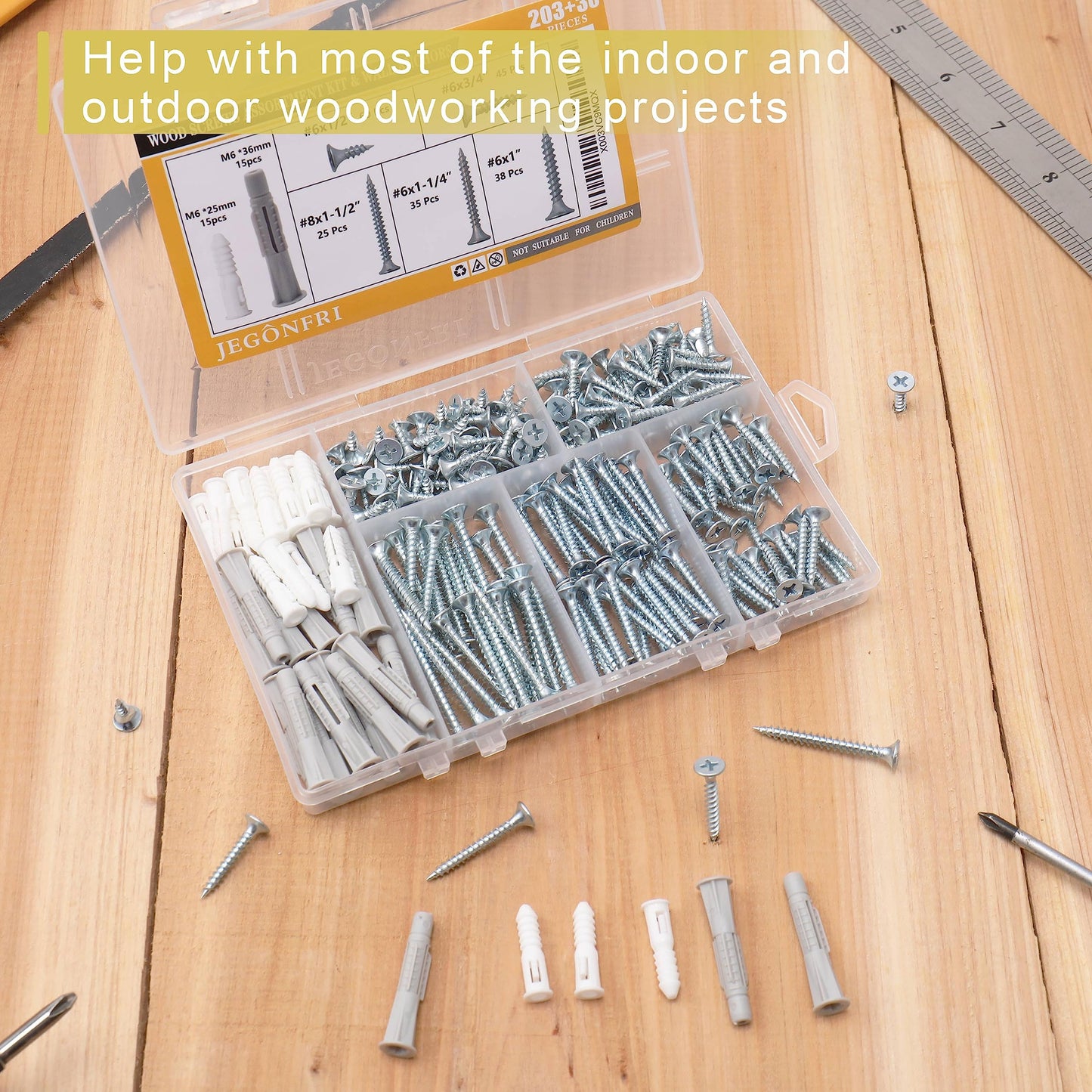 JEGONFRI High Hardness Wood Screws Assortment Kit and Plastic Wall Anchors, 203 pcs 1/2" to 1-1/2" Phillips Drive Flat Head Screws & 30 pcs M6 Drywall Anchors