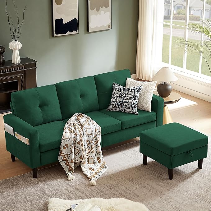 Pingliang Home 80" Convertible Sectional Sofa Couch with Movable Ottoman, 3 Seats Sectional Sofas L Shaped Couch for Small Spaces, Soft Fabric Couch for Living Room (Green)