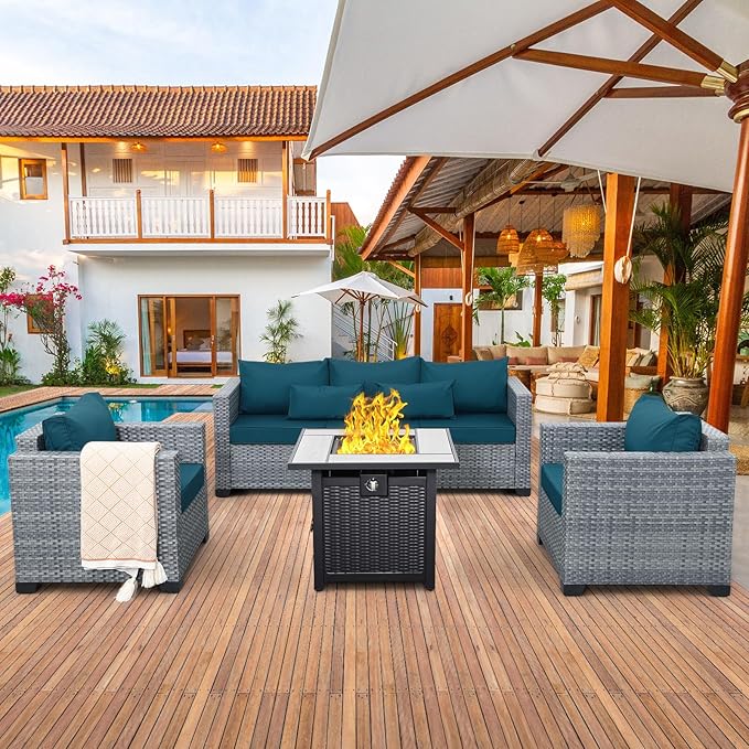 4 Piece Wicker Patio Furniture Sets Outdoor Conversation Set PE Rattan Sectional Sofa Couch with Fire Pit Table and Peacock Blue Cushions