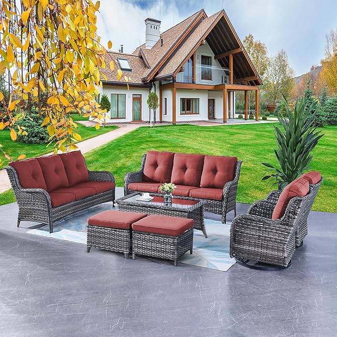 Rilyson Wicker Patio Furniture Set - 7 Piece Rattan Outdoor Sectional Conversation Sets with 2 Rocking Swivel Chairs,2 Ottomans,2 Sofa and 1 Coffee Table for Porch Deck Garden(Mixed Grey/Red)