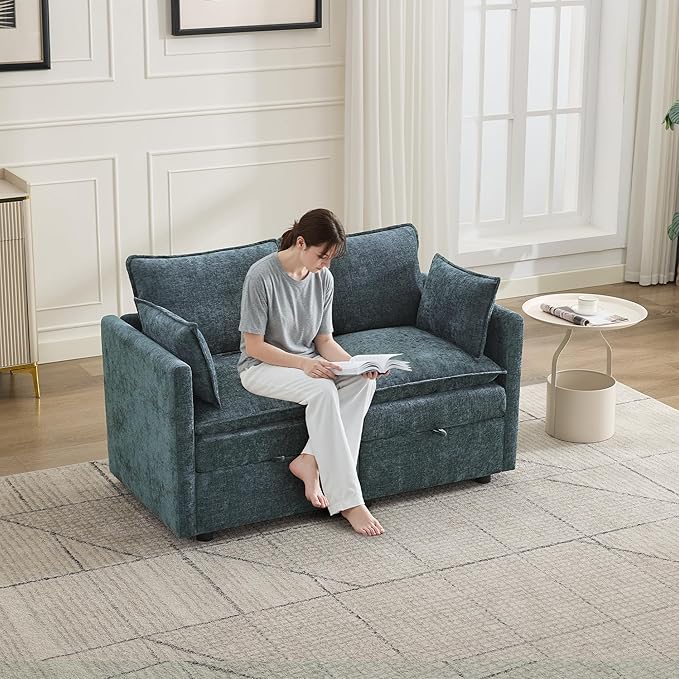 55" Cloud Modular Loveseat Sofa with Storage, Modern Upholstered Sofa Couch Small Love Seat,2 Seater Chenille Comfy Sectional Sofa with Armrests for Living Room, Small Space, Blue