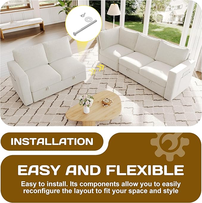 SUAWY 83.5" Sectional Sleeper Sofa with Pull Out Couch, Modern 5 Seat L Shaped Modular Couch, Sectionals Modular Sofa with Storage, Comfy Sectional Couches for Living Room & Apartment, Ivory Beige