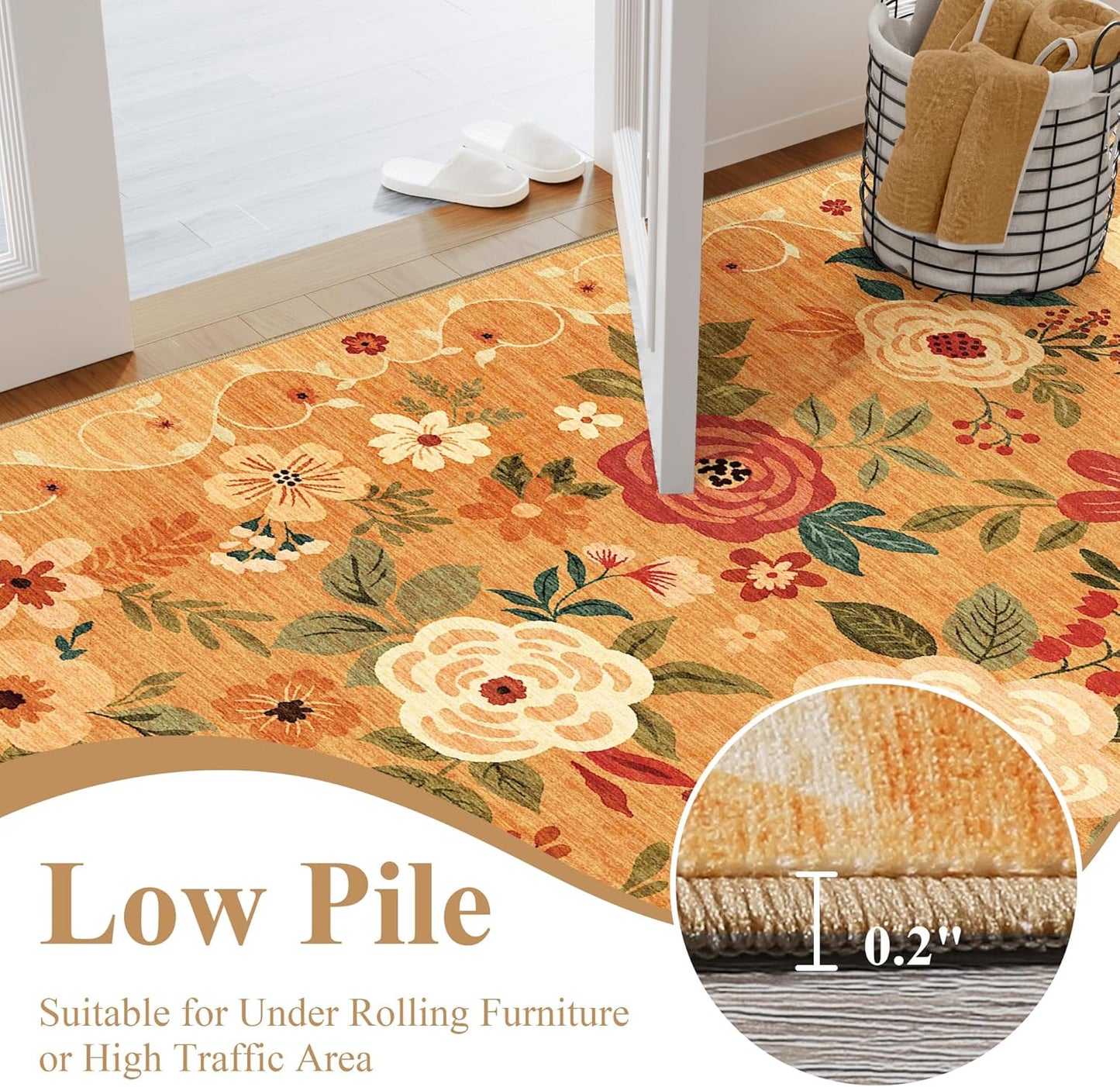 DUKINO 5x7 Area Rug, Floral Rugs for Living Room, Lightweight Non Slip Washable Rug, Indoor Low Pile & Non-Shedding Boho Design Rugs for Bedroom, Living Room, Dining Room, Orange