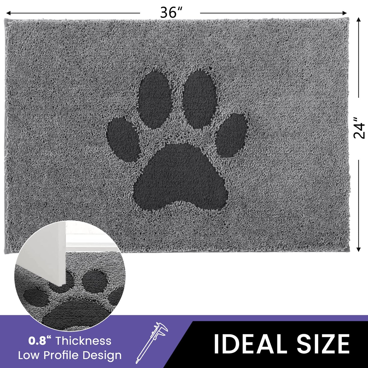 Oiilores Door Mat Indoor, Dog Mats for Muddy Paws Super Absorbent, Low-Profile Entryway Rug with Non-Slip Backing, Washable Dirty Trapper Inside Entrance Doormat for Shoes, 24" x 36", Gray
