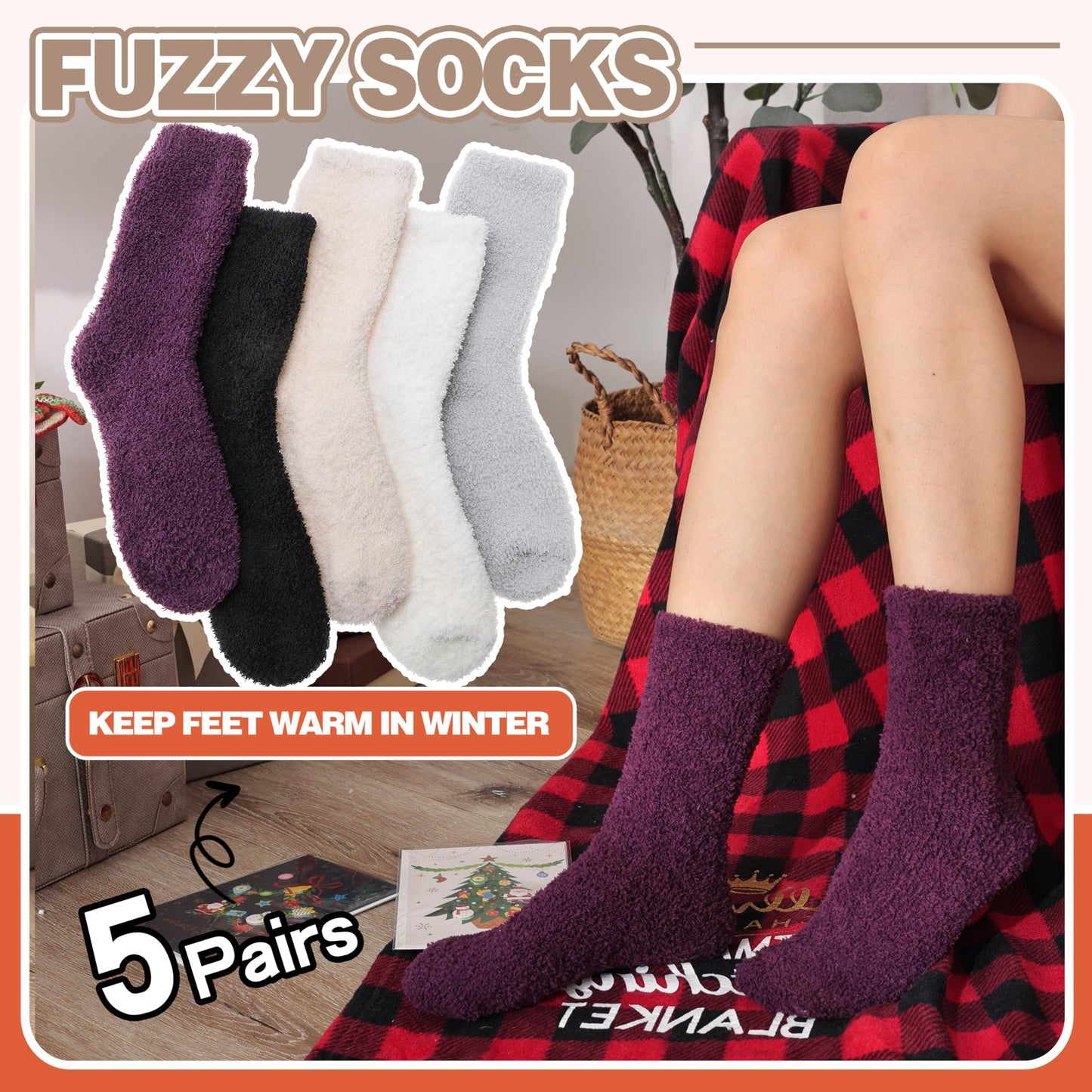 MOGGEI Fuzzy Socks for Women Men Winter Fluffy Warm Thick Cozy Comfy Sleep Super Soft Fluffy Fleece Cabin House Plush Gift Socks Stocking Stuffers(Assorted,M)