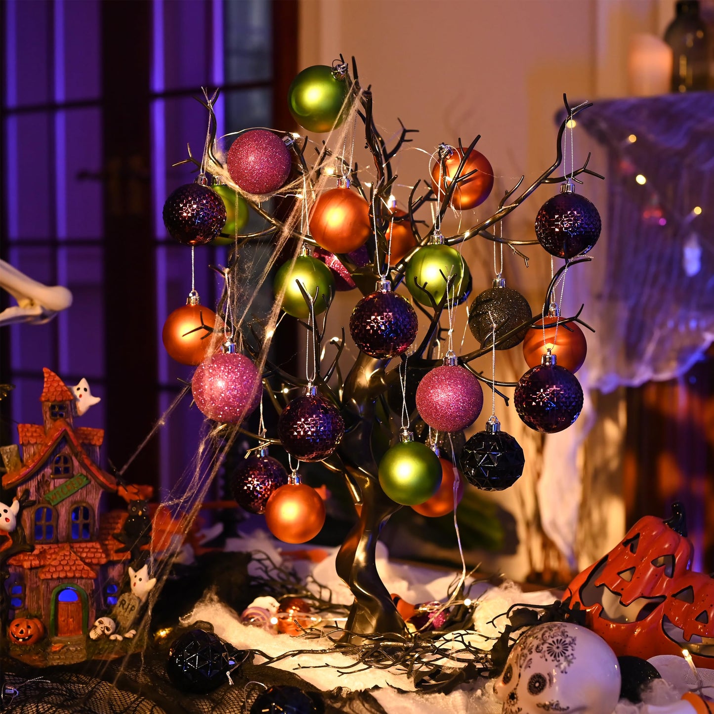 Valery Madelyn Christmas Tree Decorations Ornament Set for Fall Halloween, 50ct 2.36 Inches Orange Purple Black Shatterproof Christmas Ball Ornaments Hanging Xmas Holiday Party Decor