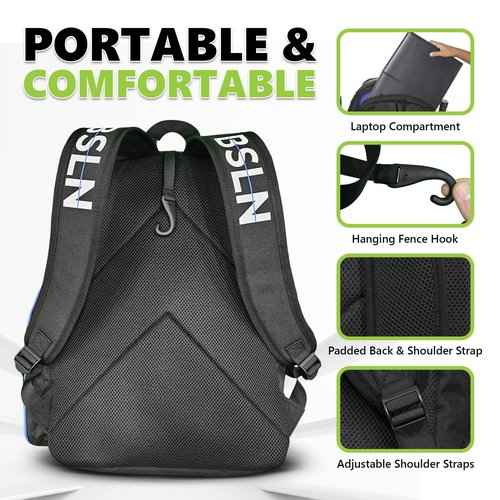 BSLN Pickleball Bag - Large Pickle Ball Sports Backpack with Padded Paddle Pockets & Large Bottom Sack for Shoes - Hanging Fence Hook, Storage Compartments for Laptop, Insulated Water Bottle (blue)