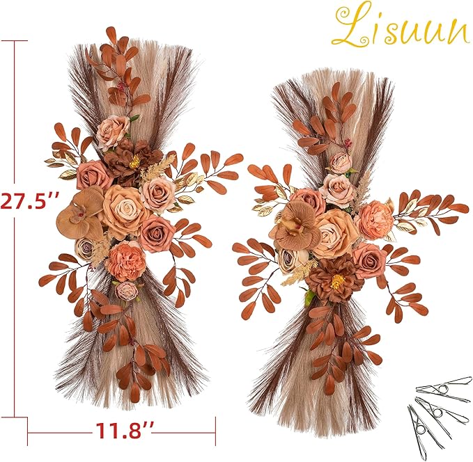 Wedding Arch Flowers, Artificial Floral Decor for Wedding Ceremony & Reception, Standard Size Large Flower Swag Set for Backdrop & Welcome Sign, Pack of 2 (Coffee Pampas)