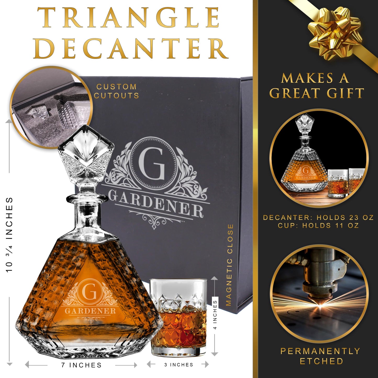 My Personal Memories, Personalized Scotch Whiskey Bourbon Glass 23 oz Decanter - Custom Engraved - Triangle Shape (Decanter and 4 Glasses)