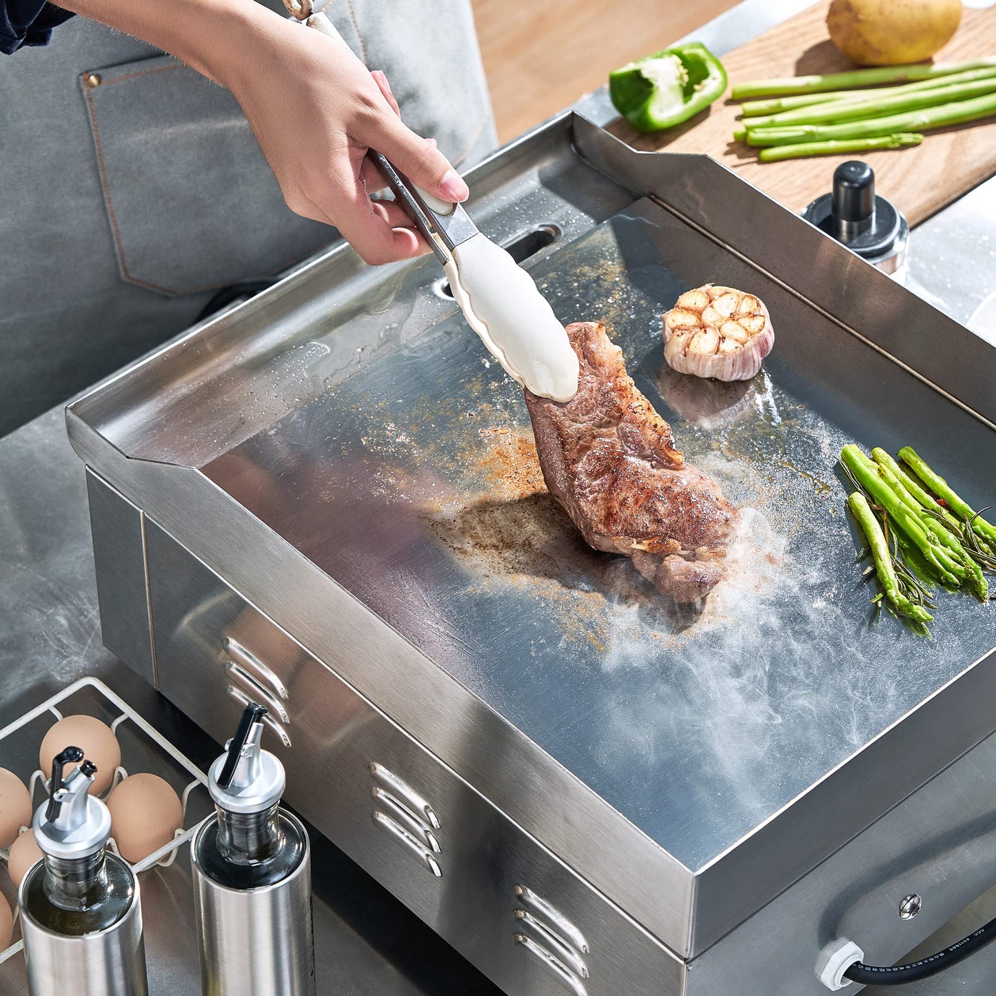 EGGKITPO 14 Inch Electric Griddle, Non-Stick Flat Top Grill Commercial Electric Countertop Griddles Stainless Steel Adjustable Temperature Control 90℉-575℉ for Home or Restaurant Use