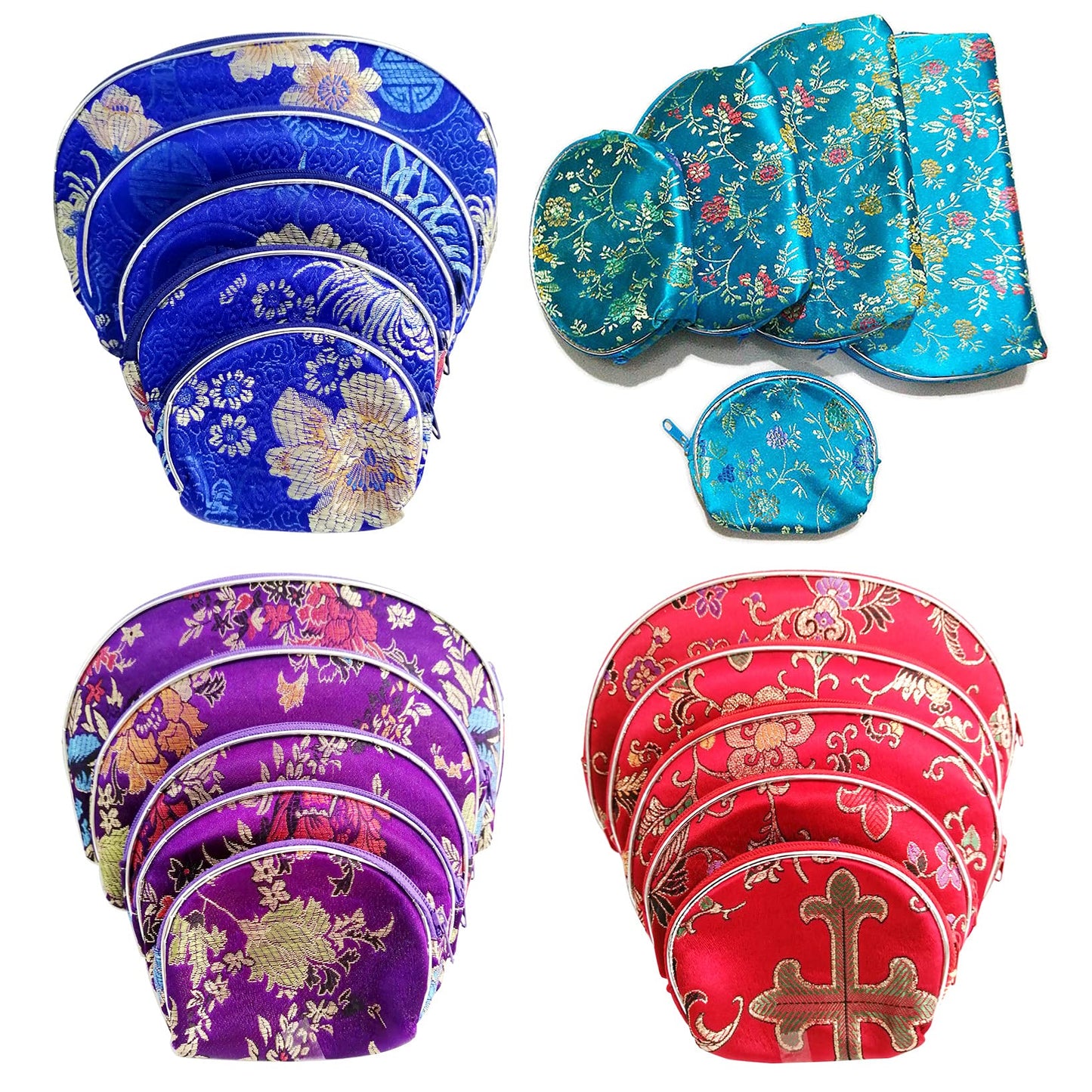 HUAMULAN 4 Sets / 20 PCS Different Size Nesting Wallet Bags Silk Coin Purse Brocade Jewelry Pouch Zipper Make Up Organizer Chinese Embroidered Gift Bag
