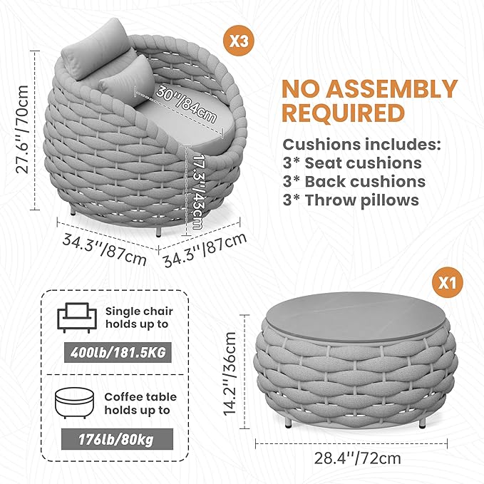 Erotr 4 Pieces Courtyard Seating Set: Aluminum Woven Rope Patio Furniture Chair Set - All Weather Metal Outdoor Conversation Set - Assembled Armchair with Table Set for Bistro Deck Porch Balcony, Grey