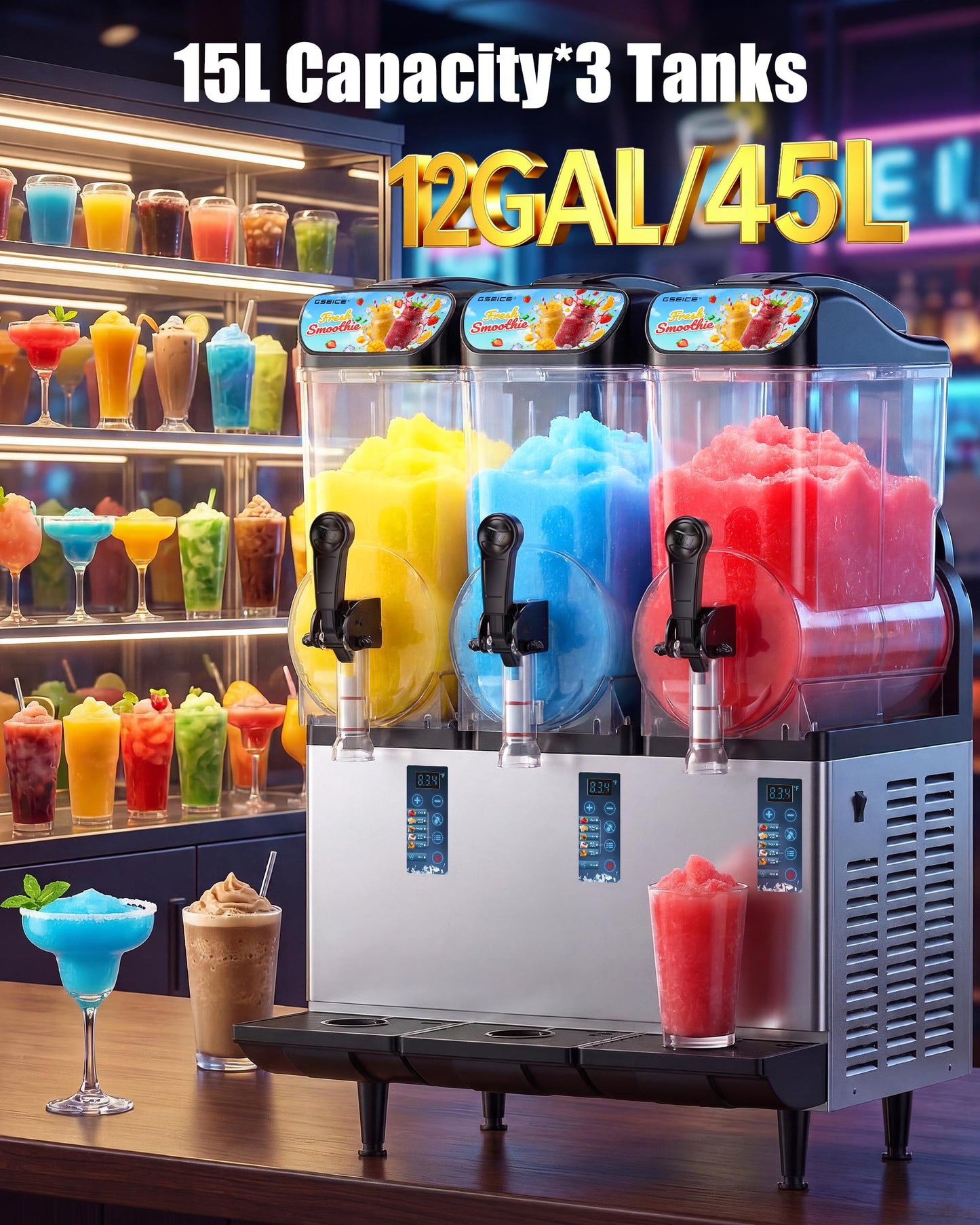 GSEICE Commercial Slushy Machine 12Gal/45L for Cafe Restant,3 Tank Frozen Drink Maker Slushie Margarita Frappe Dispenser