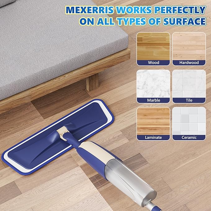 Spray Mops for Floor Cleaning: MEXERRIS Wet Flat Mops with Sprayer for Hardwood Wood Tile Laminate Vinyl Wooden - 4 Washable Pads for Swiffer Powermop & 2 Refillable Bottles- Home Commercial Use