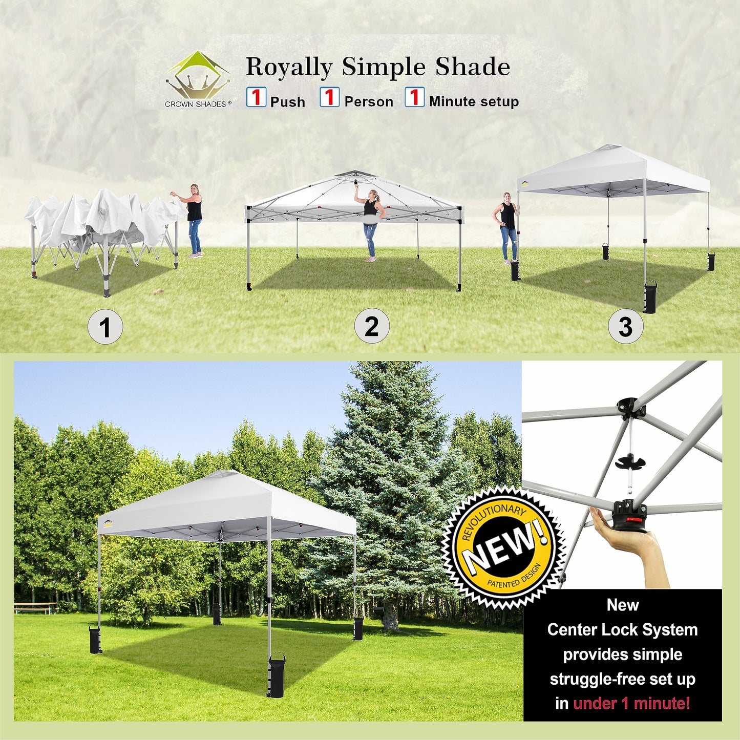 CROWN SHADES 10x10 Pop Up Canopy - Beach Tent with One Push Setup - Easy Outdoor Sun Shade for Events, Parties, Camping - Gazebo with STO-N-Go Cover Bag, Silver Coated Top, Grid White