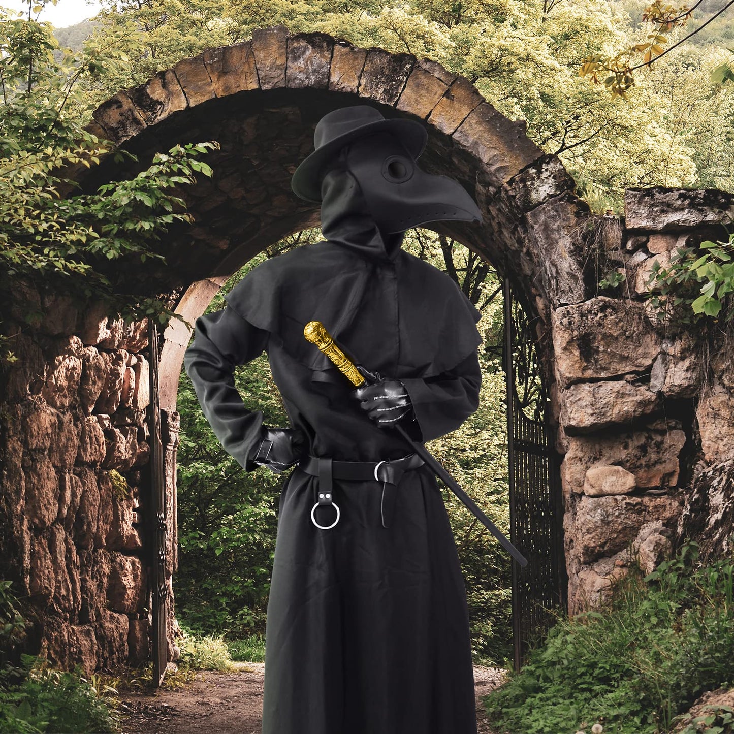 ATTBEA Halloween Costume Compatible for Plague Doctors with Bird Beak Mask, Black Cloak Robe with Hood, Medieval Monk Priest Cosplay for Men Women Adults