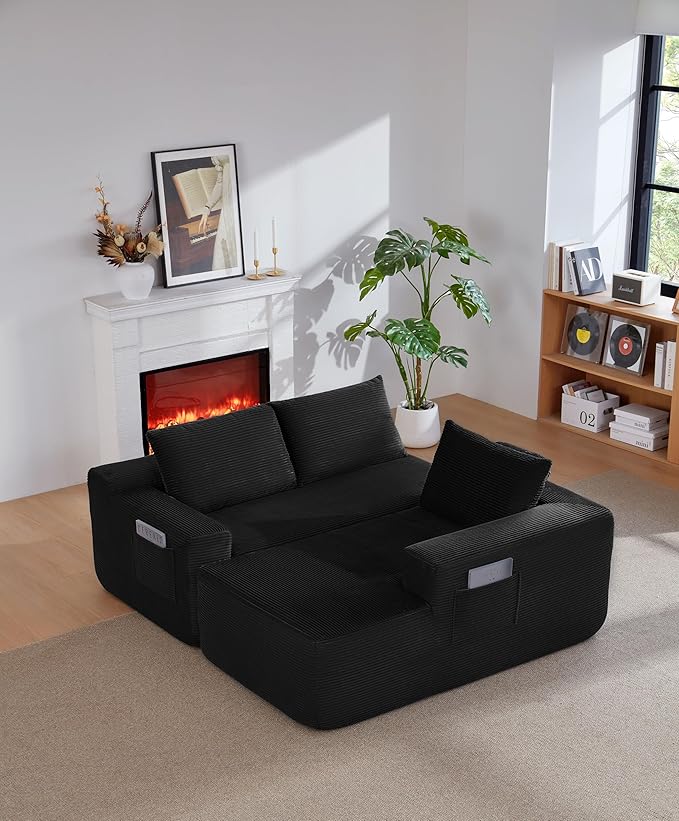 Vanress 97" Cloud Couch Sectional, Corduroy Boneless Couch with L-Shape Chaise,Modern Modular Sectional Sofa Comfy Deep Seat for Living Room, Bedroom, No Assembly (Black, Right Facing Chaise)