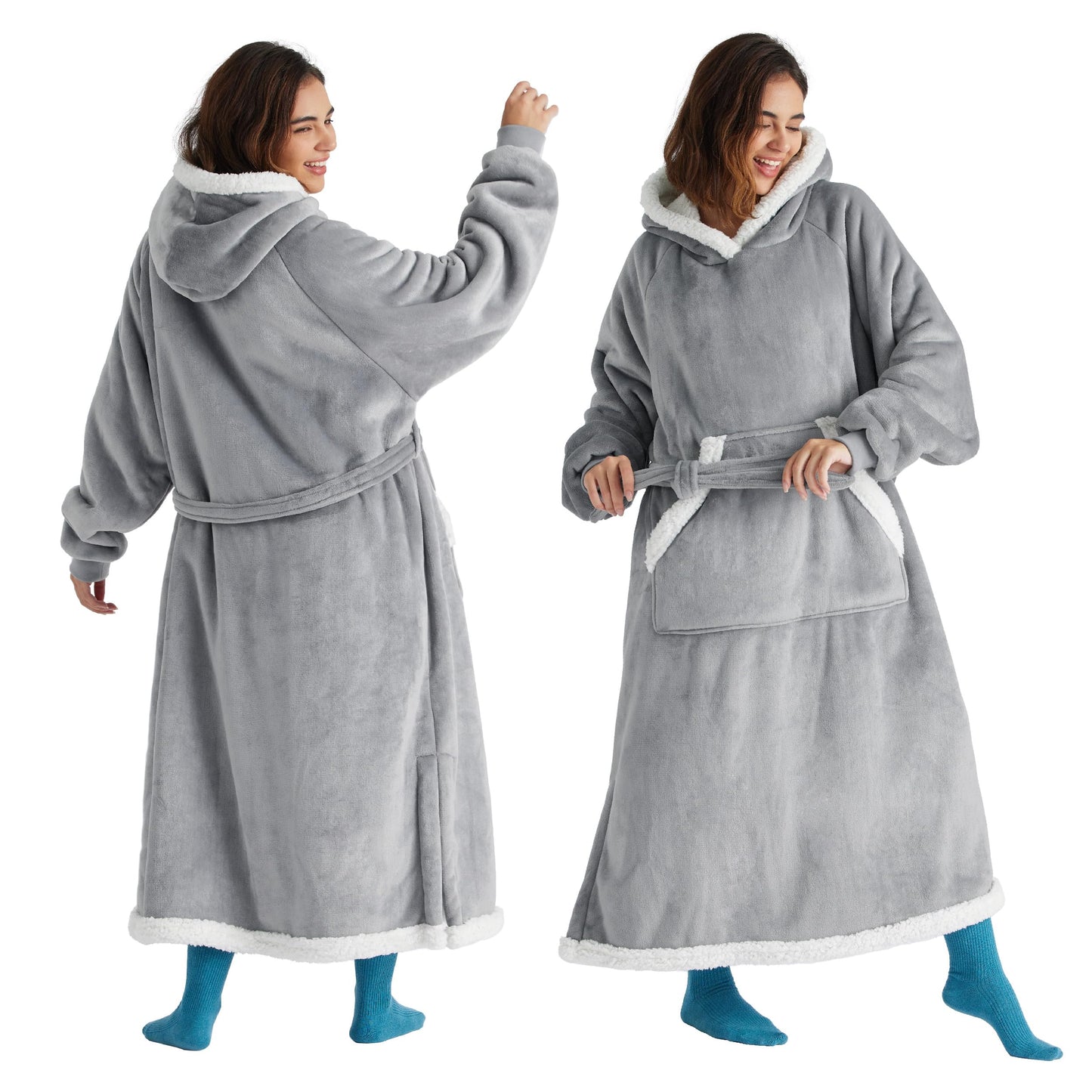 Bedsure Wearable Blanket Hoodie, Long Hooded Blanket Sweatshirt as Birthday Gifts for Women, Cozy Sherpa Hoodie for Adult, Standard, Grey