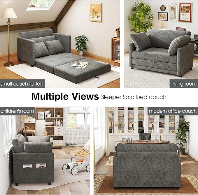 kakuboohi 51" Loveseat Sleeper Sofa Bed, Chenille Convertible Floor Sofa Bed for Small Spaces, Folding Couch Bed with Deep Seat, 2 Pillows & Solid Frame, Pull Out Floor Couch for Living Room, Grey