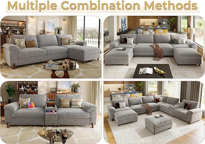 SITJOY 118" Oversized Sectional Couches for Living Room, Extra Large Deep Seat Modular Sofa with Washable Covers, 3 Seater L Shaped Couch with Chaise, Storage Ottoman, Chenille in Light Gray