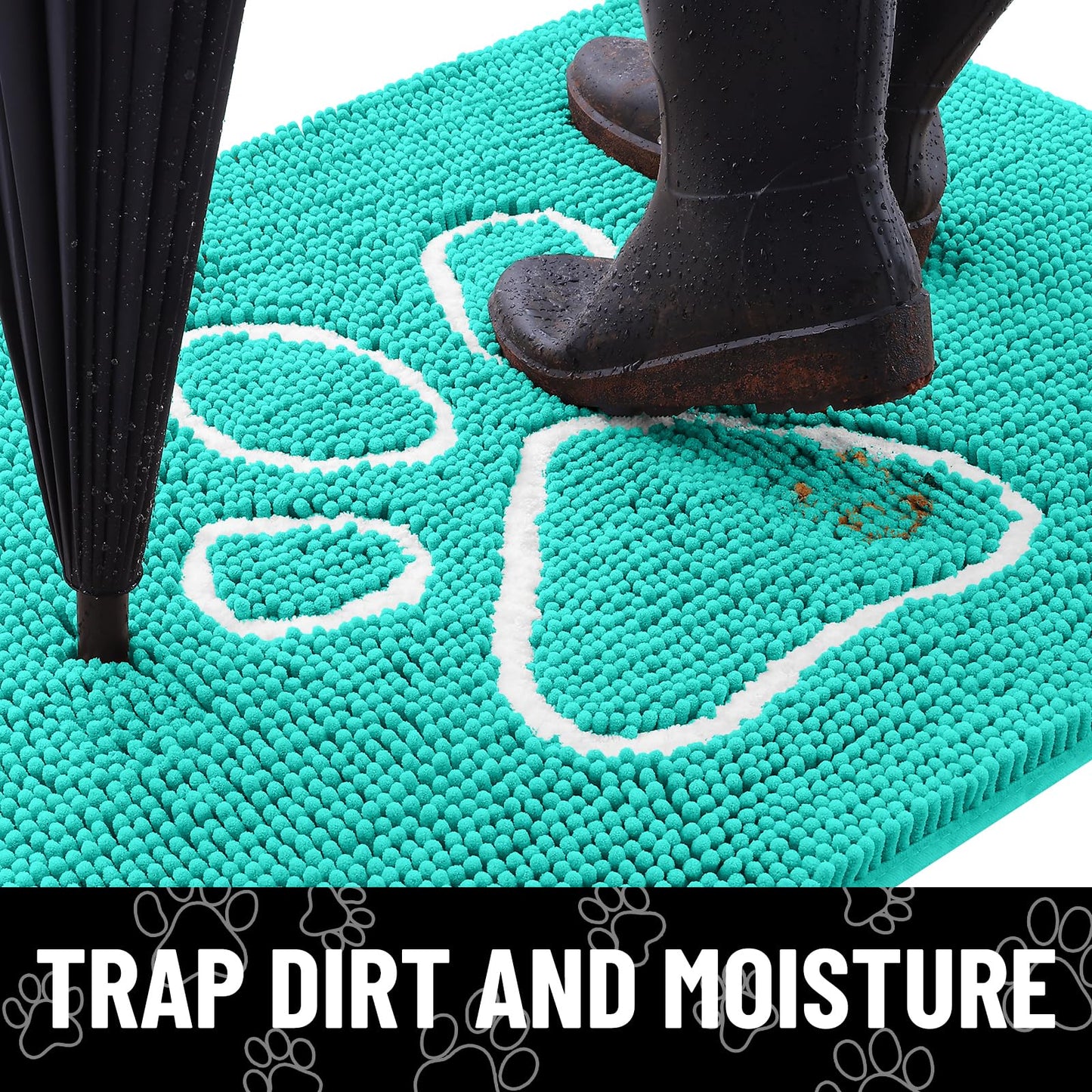 Smiry Dog Door Mat for Muddy Paws, Absorbent Dirt Trapper Non Slip Quick Dry Washable Chenille Mat for Mud Dogs, Entry Rug for Indoor and Outdoor (30x20 Inches, Turquoise)