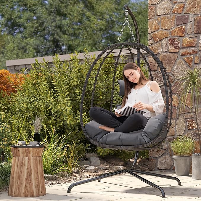 LEX CRAFT Egg Chair with Stand, Patio Wicker Hanging Chair, Hammock Swing Chair, 350LBS Capacity for Bedroom, Balcony, Garden(BR-GR)
