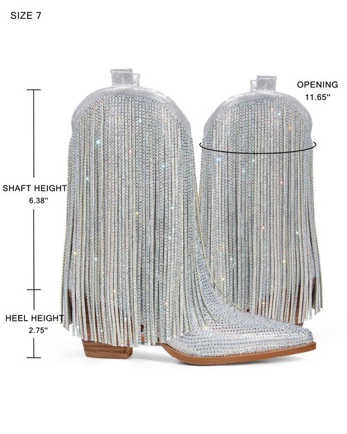 Ouepiano Cowboy Boots for Women - Cowgirl Rhinestone Boots with Sparkly Fringe Pointed Toe Western Boot Chunky Heel Pull-On Wide Calf Silver Botas Vaqueras Size 8
