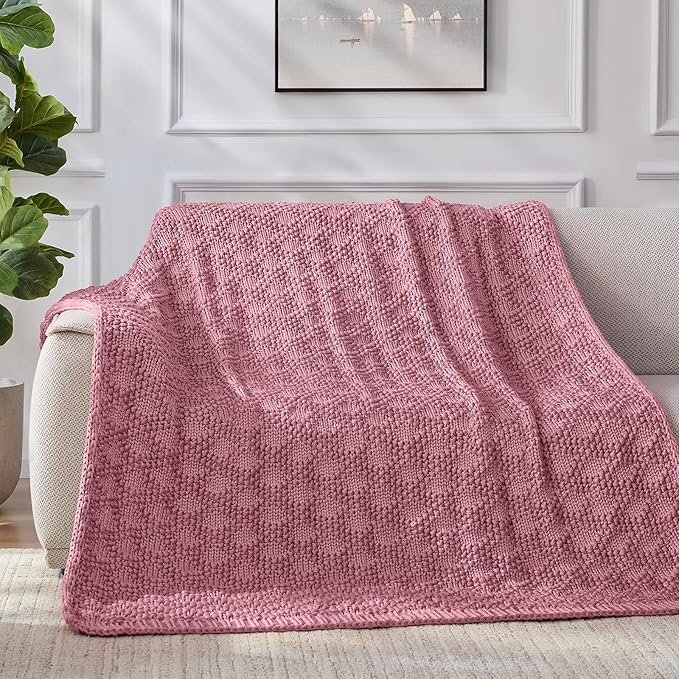 Knitted Weighted Blanket for Adult, Chunky Knit Weighted Throw for Sleep 48"*72" 12lbs, Cooling Breathable Heavy Blanket for Hot Sleepers, Machine Washable Blanket for Room Decor(Pink)