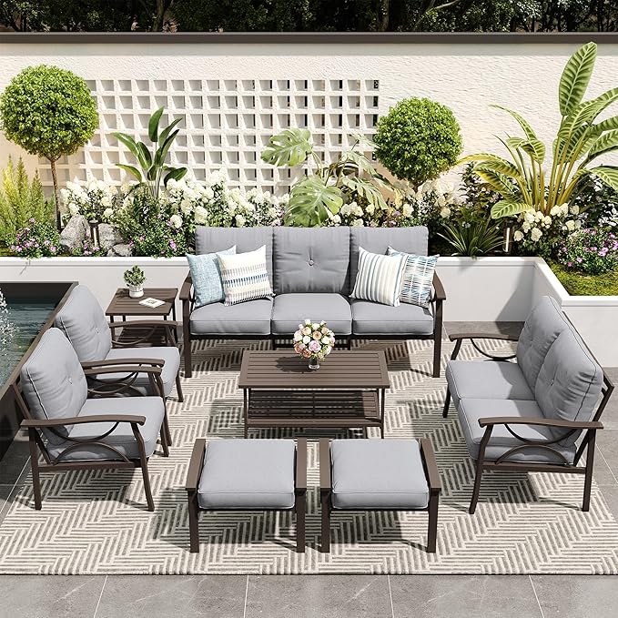 FansaFurn 8-Pieces Outdoor Patio Furniture Set, Outdoor Metal Sectional Furniture with Cushions, Outdoor Conversation Seating Set with Coffee Table for Garden, Balcony, Deck, Backyard, Grey