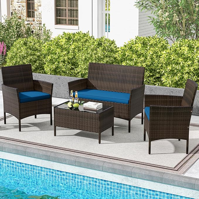 KOTEK 4 Piece Patio Furniture Set, Outdoor Rattan Conversation Set with Loveseat, Wicker Chairs, Tempered Glass Coffee Table, Wicker Patio Set for Backyard, Porch (Peacock Blue)