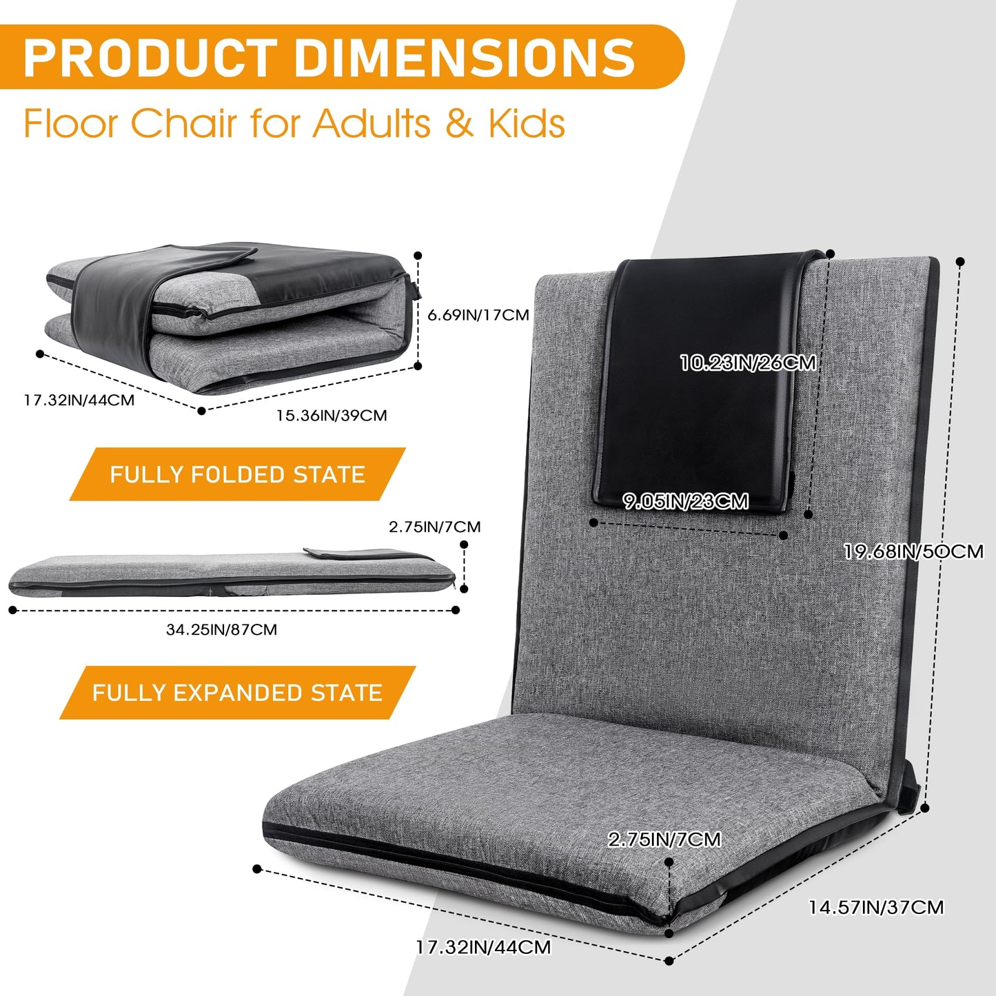 FASTMOMENT Floor Chair with Back Support 14-Position Adjustable Floor Chair Portable Ground Seating for Adults & Kids Foldable Meditation Seat with Japanese KOYO Bearings & Washable Linen Cover (Grey)