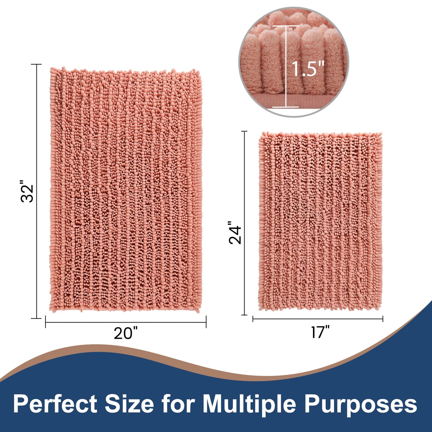 FLOLEOPA Chenille Coral Pink Bath Mat, Luxury Handmade Bathroom Rug, Non Slip, Extra Soft, Absorbent, Machine Washable, 32'x20' Plus 17'x24'