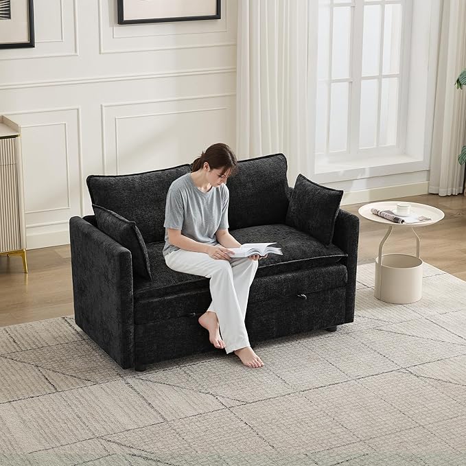 55" Cloud Modular Loveseat Sofa with Storage, Modern Upholstered Sofa Couch Small Love Seat,2 Seater Chenille Comfy Sectional Sofa with Armrests for Living Room, Small Space, Black