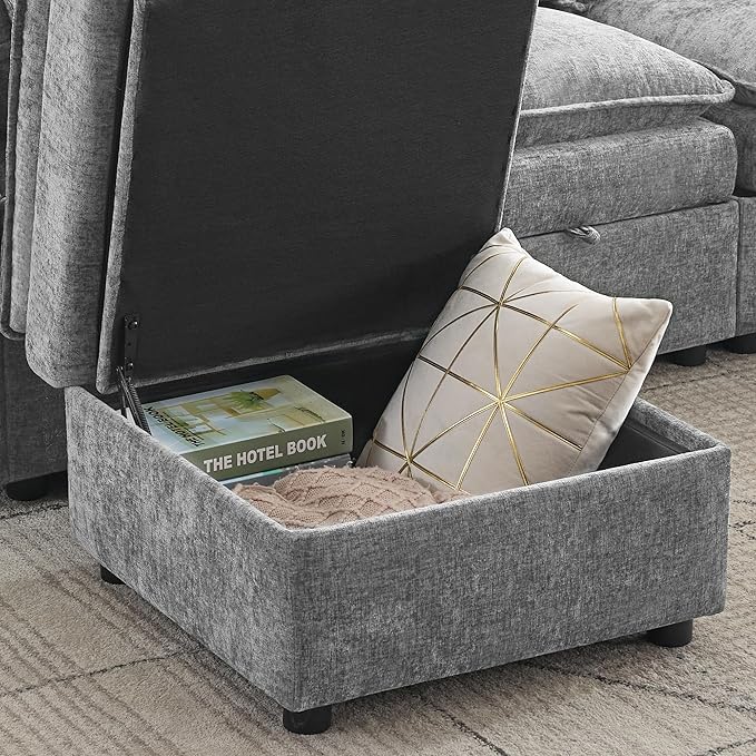 Abbrevi 27" Large Square Ottoman with Storage, Modern Upholstered Footrest with Anti-Slip Legs for Couch Coffee Table Living Room, Bedroom, Entryway, Chenille Light Grey