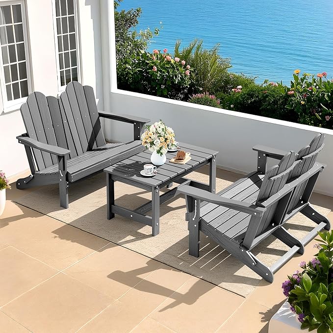 SERWALL Folding Adirondack Bench, HDPE All-Weather Adirondack Loveseat Set of 2, Grey