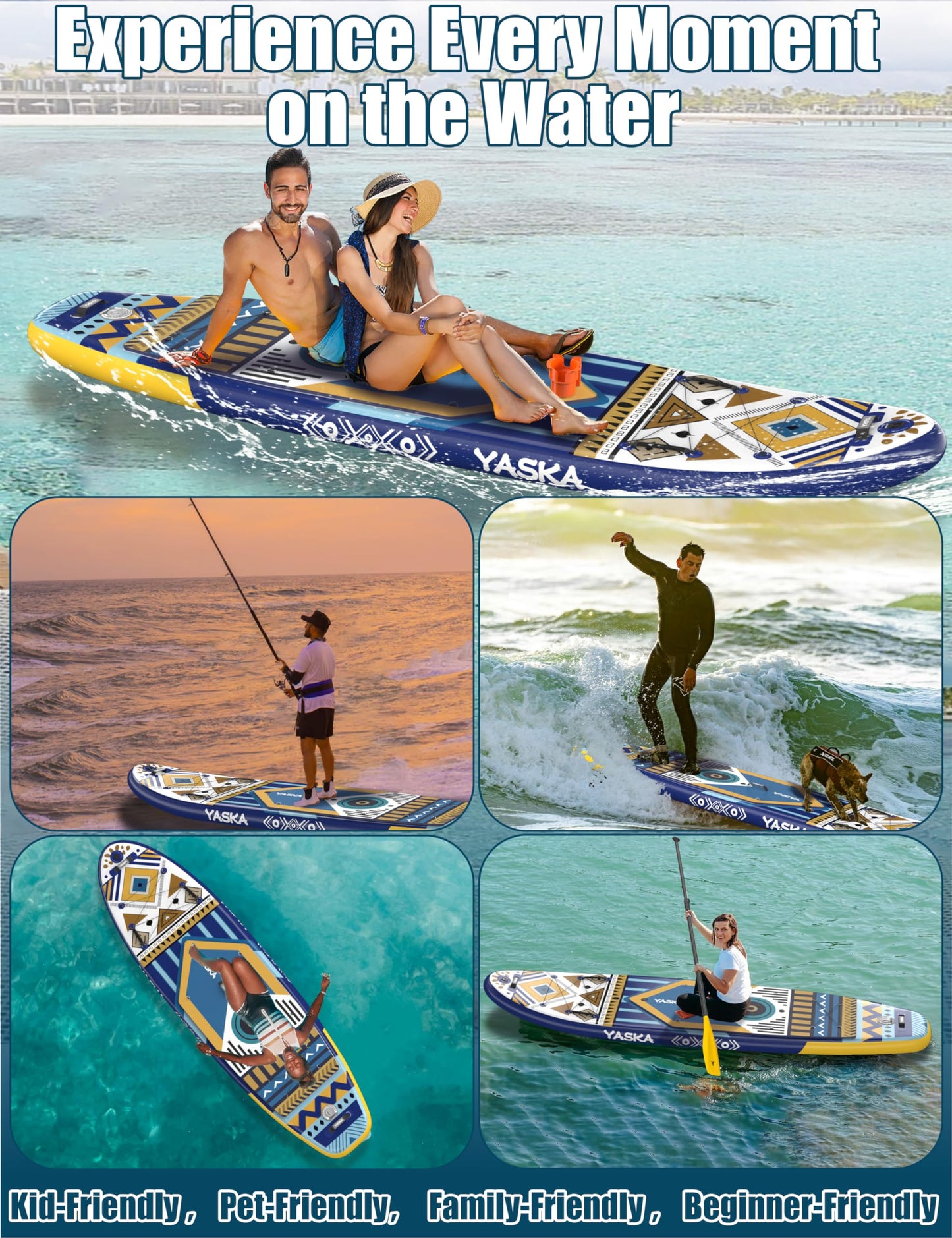YASKA Inflatable Stand up Paddle Board 11ft with Cup Holder SUP Accessories,Extra Wide Design Non-Slip Paddleboard for Beginner Adults Advenor Yoga Fishing