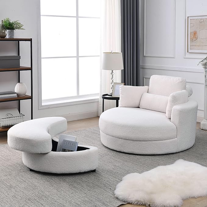 Yoglad Modern Swivel Accent Round Chair, Barrel Sofa with Storage Ottoman, Oversize Lounge Chair, Linen Fabric Round Chair with Pillows, for Living Room, Office (Lvory, 51")