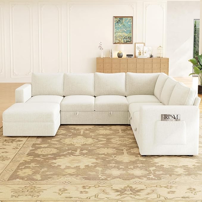 SUAWY 106.7" Sectional Sleeper Sofa with Pull Out Couch, Modern 7 Seat U Shaped Modular Couch, Sectionals Modular Sofa with Storage, Comfy Sectional Couches for Living Room & Apartment, Beige