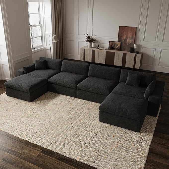 160'' Oversized Boneless Sectional Couches for Living Room, Deepseat Boneless Cloud Modular Sectional Sofa with Ottoman, No Assembly Required L-Shape Cloud Sofa, Plush Fabric, Black