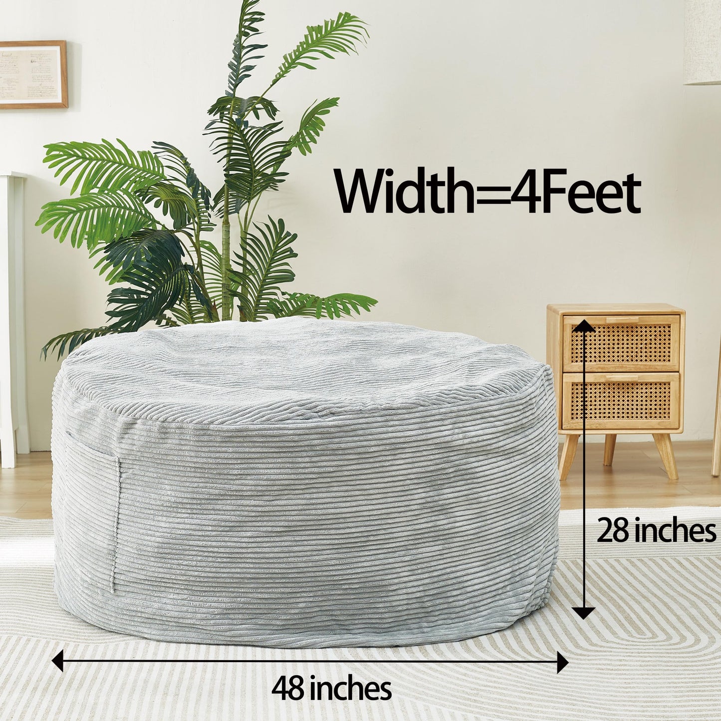 48 Inches / 4 Feet Bean Bag Chair with Memory Foam Filler for Adults and Kids, Ultra Soft Light Gray Corduroy Cover, Living Room Use, Comfortable Wrap (Corduroy 4 feet)