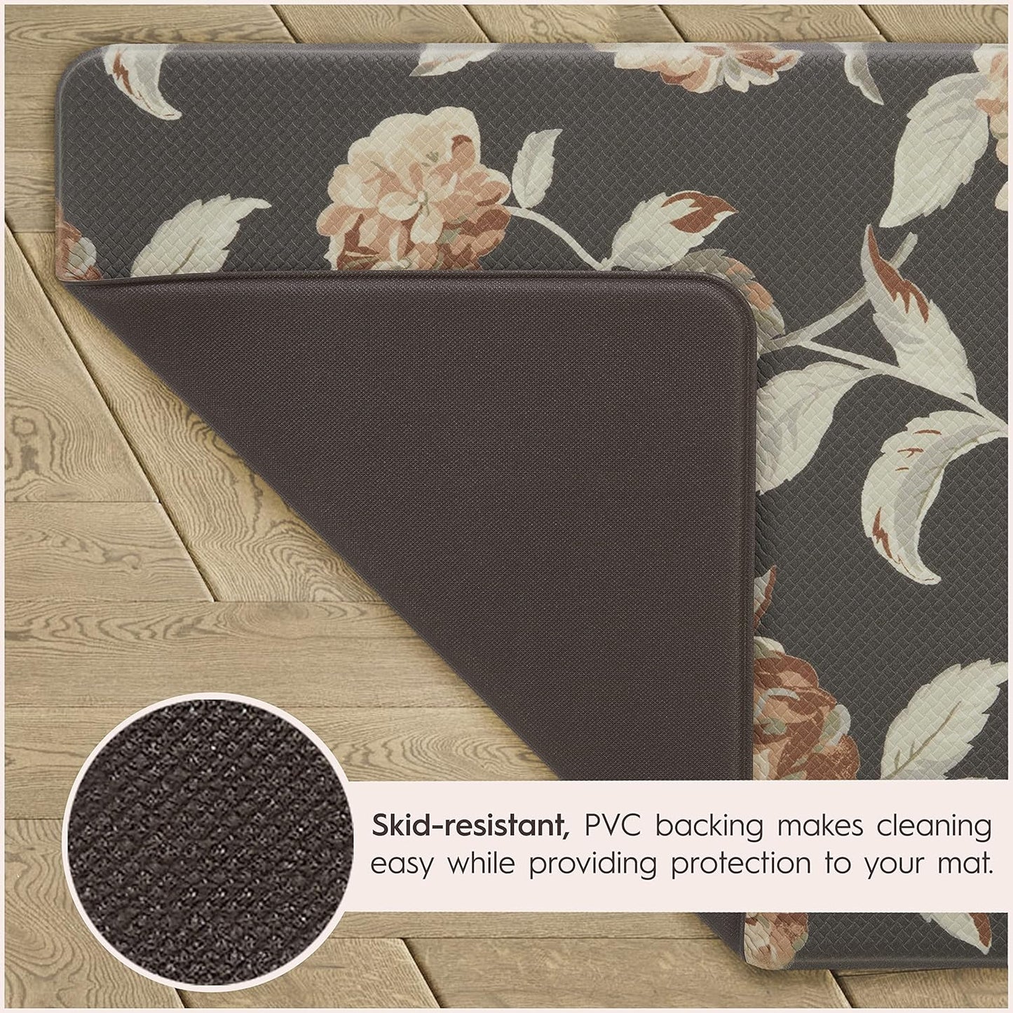 Laura Ashley – Anti-Fatigue Kitchen Mat Set | Hydrangea Floral Design | Stain, Water & Fade Resistant | Cooking & Standing Relief | Non-Slip Backing | Measures 17.5” x 48" and 17.5" x 28"|Grey / Rust