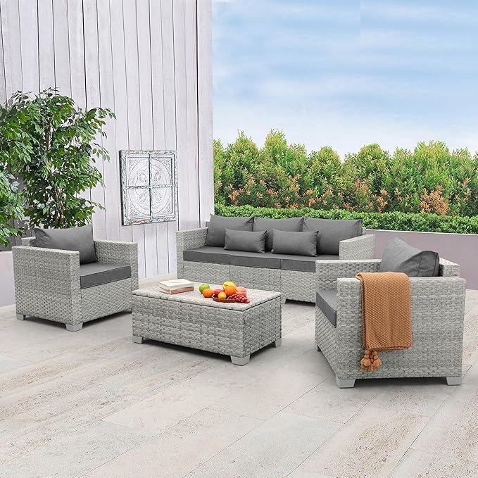 WAROOM Patio Furniture Set 4 Piece Wicker Conversation Sets PE Rattan Chair Outdoor Couch Sectional Sofa with Storage Table, Grey Cushion